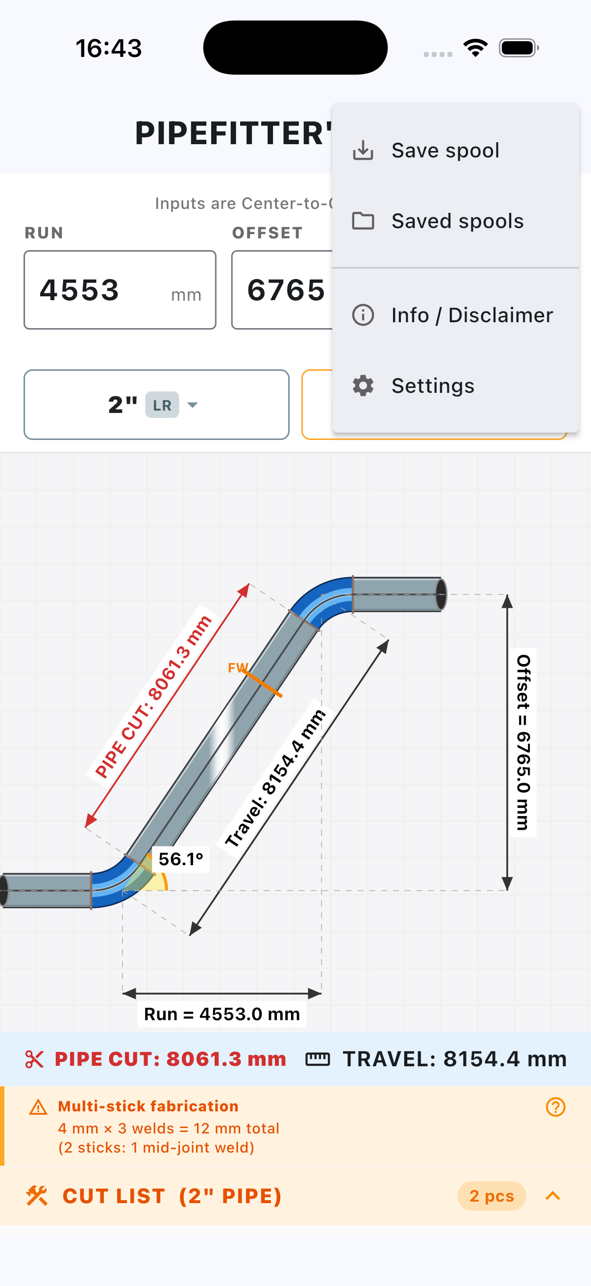 Pipe spool diagram with weld markers and multi-stick fabrication warning